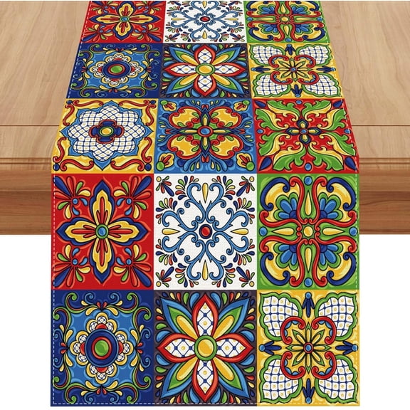 Linen Mexican Talavera Ceramic Tile Table Runner 90 Inches Long Mexican Fiesta Tablecloth Cinco De Mayo Party Decoration and Supplies for Home Party