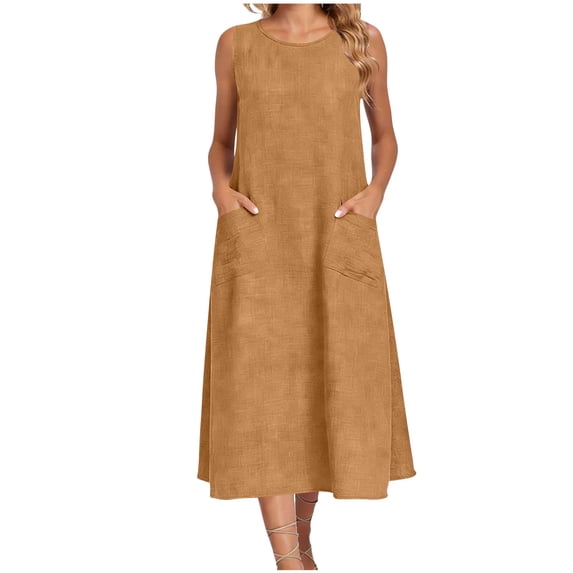Linen Midi Dresses for Women Crew Neck Sleeveless Dress with Pockets 2026 Summer Beach Dresses Cover Ups Loose Fit Casual Spring Sundress Travel Vacation Outfits