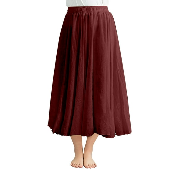Linen Midi Skirts for Women High Waist Pleated Skirts Elastic Waist Below Knee Length Flowy Skirt