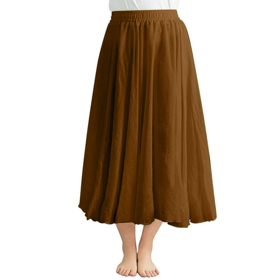 Linen Midi Skirts for Women High Waist Pleated Skirts Elastic Waist Below Knee Length Flowy Skirt