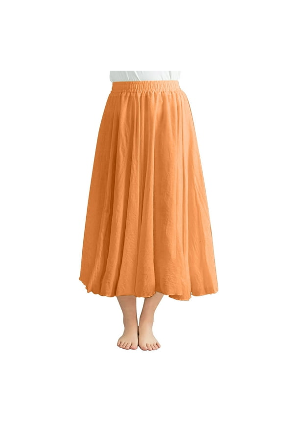 Linen Midi Skirts for Women High Waist Pleated Skirts Elastic Waist Below Knee Length Flowy Skirt