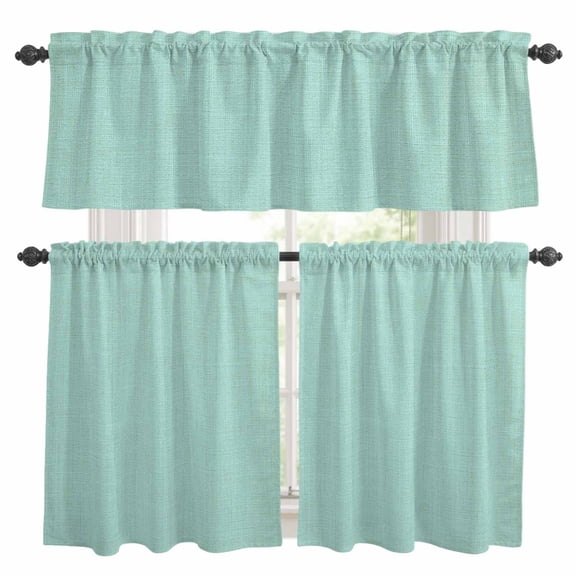 Linen Mint Green Kitchen Curtains Sets for Windows 24 Inch Length, Modern Minimalist Pure Solid Color Rod Pocket Window Treatments Tier Curtains and Valances Set for Bedroom/Bathroom
