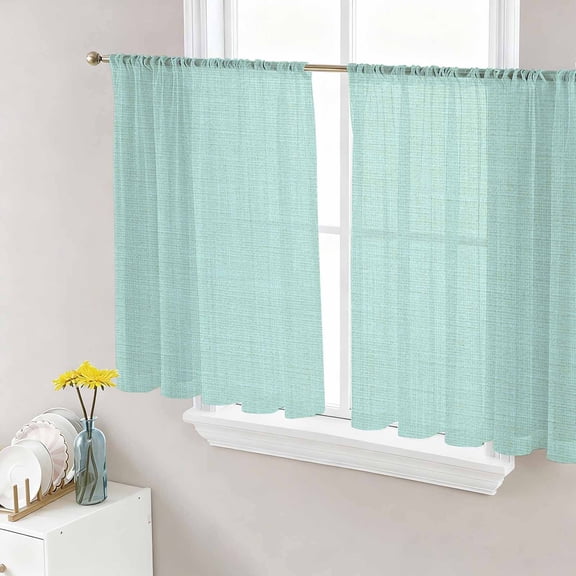 Linen Mint Green Semi Sheer Curtains 45 Inch Length 2 Panels Set, Modern Minimalist Pure Solid Color Sheer Kitchen Curtain Privacy Voile Window Curtain for Living Room Bedroom Rod Pocket Drapes