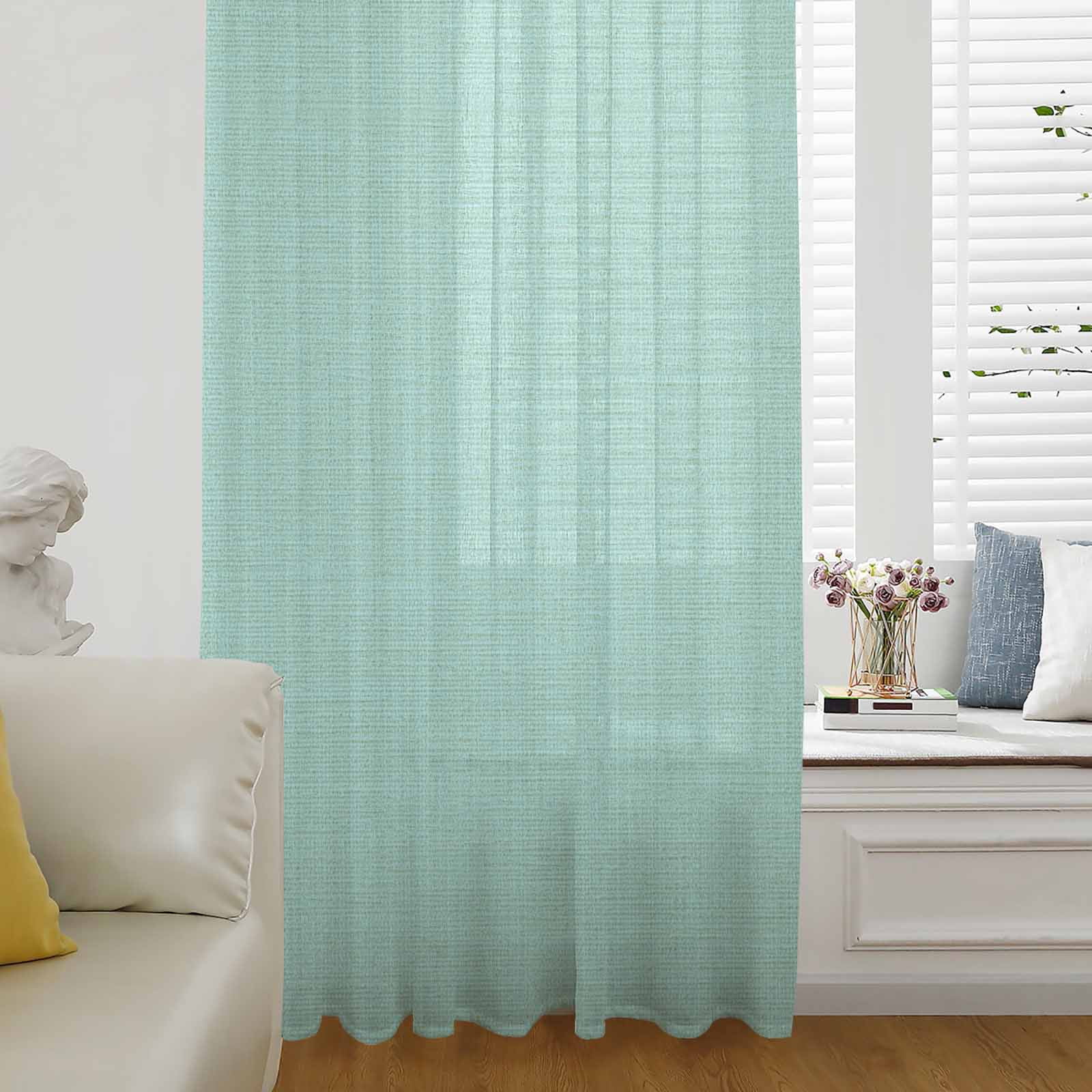 Linen Mint Green Semi Sheer Curtains Drapes for Living Room, Bedroom, French Doors Window 45 Inches Long, Modern Minimalist Pure Solid Color Rod Pocket Chiffon Curtain Drapery Voile Draperies Panel