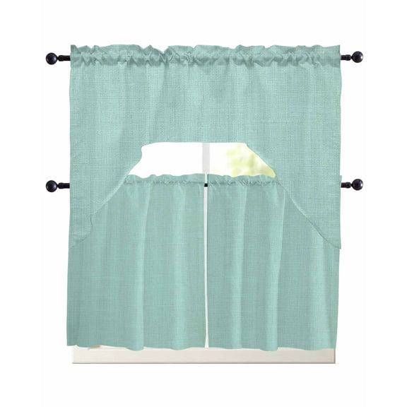 Linen Mint Green Swag Kitchen Curtains Sets for Windows 24 Inch Length, Modern Minimalist Pure Solid Color Short Window Curtain Panels Swags Valances and Tiers 3 Piece Set for Cafe/Dining Room