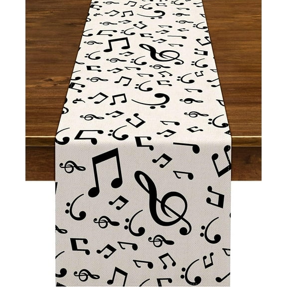 Linen Musical Notes Table Runner Music Event Birthday Party Wedding Decoration Farmhouse Home Dining Room Kitchen Table Decor (13.8" x 108")