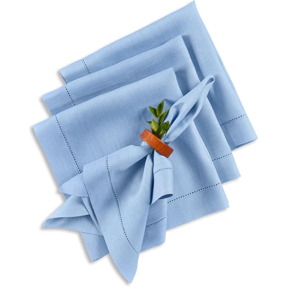 Linen Napkins Set of 4, 20 x 20 Inch, Cornflower Blue, Pure European Flax Linen, Hemstitch Edge