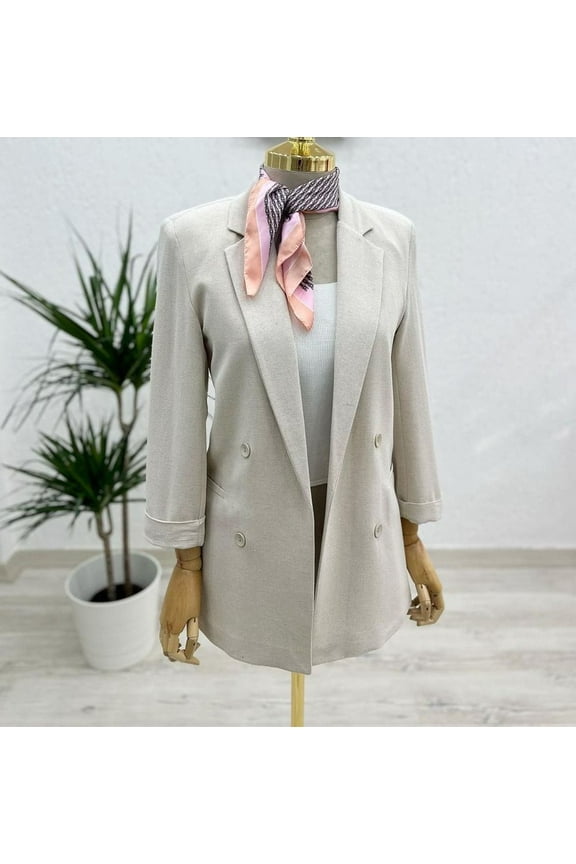 Linen No-Button Blazer-Beige