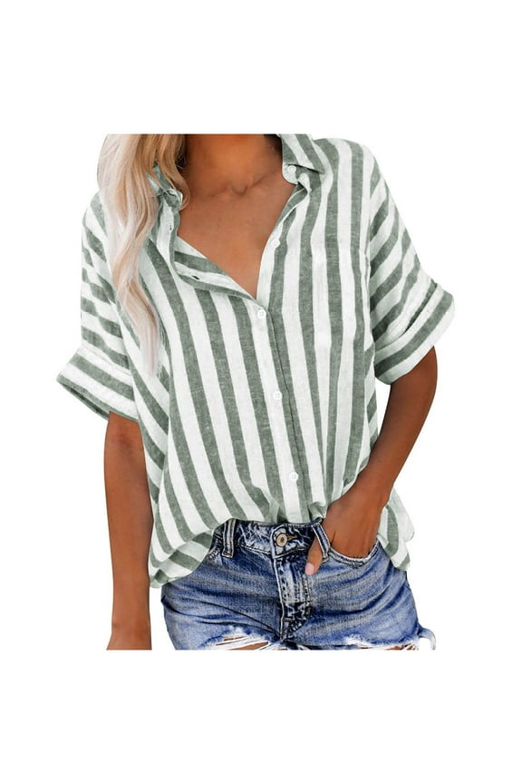 Linen Offfice Shirts for Womens 2025 Summer Lapel Short Sleeve Tops Striped Button-Up Open Front Tees Shirts Elegant Bussiness Tunic Blouses Going Out Office Work Suits