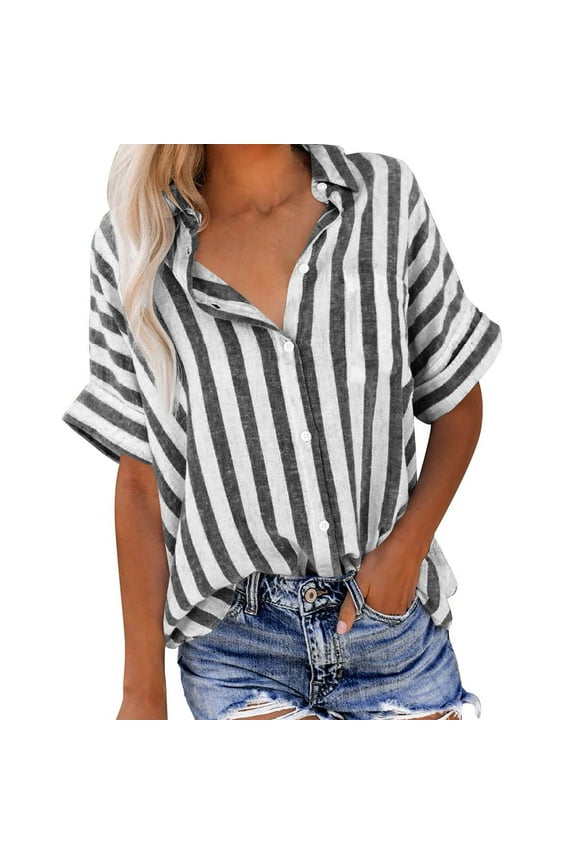 Linen Offfice Shirts for Womens 2025 Summer Lapel Short Sleeve Tops Striped Button-Up Open Front Tees Shirts Elegant Bussiness Tunic Blouses Going Out Office Work Suits