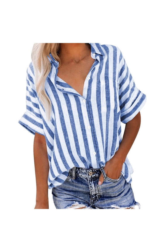 Linen Offfice Shirts for Womens 2025 Summer Lapel Short Sleeve Tops Striped Button-Up Open Front Tees Shirts Elegant Bussiness Tunic Blouses Going Out Office Work Suits