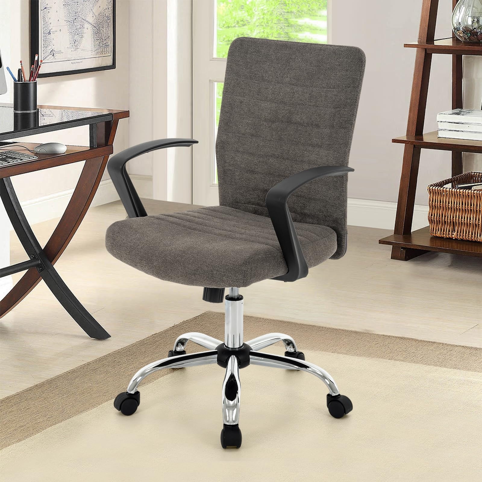 Linen Office Chair with Arms, Upholstered Mid-Back Desk Chair with Adjustable Height and Back Angle, 360° Swivel with Wheels for Home Office or Study (Dark Grey)
