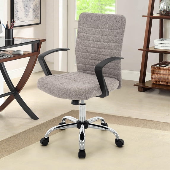 Linen Office Chair with Arms, Upholstered Mid-Back Desk Chair with Adjustable Height and Back Angle, 360° Swivel with Wheels for Home Office or Study (Light Grey)
