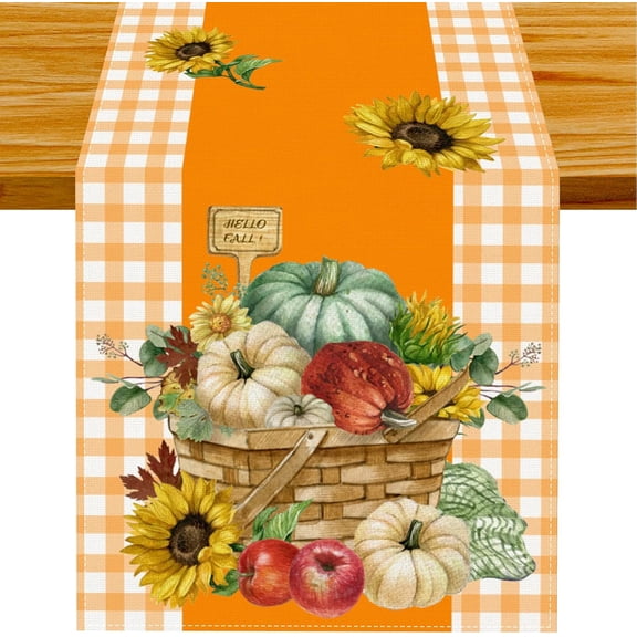Linen Orange and White Buffalo Check Plaid Pumpkin Sunflower Fall Table Runner Farmhouse Fall Autumn Thanksgiving Kitchen Table Decorations 13.8x71 Inch