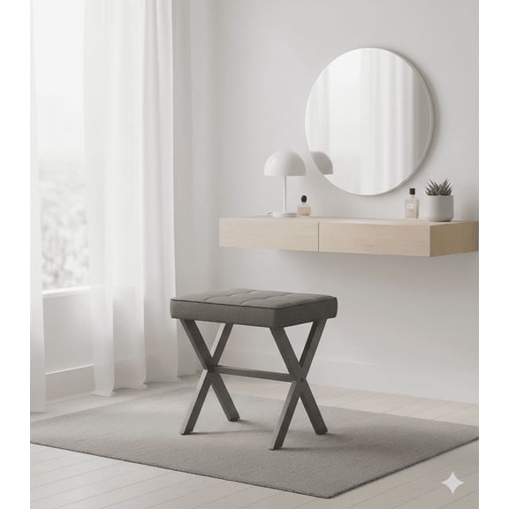 Linen Ottoman, 18" Makeup Vanity Stool, Small Square Padded Footrest for Bedroom, Living Room,Gray