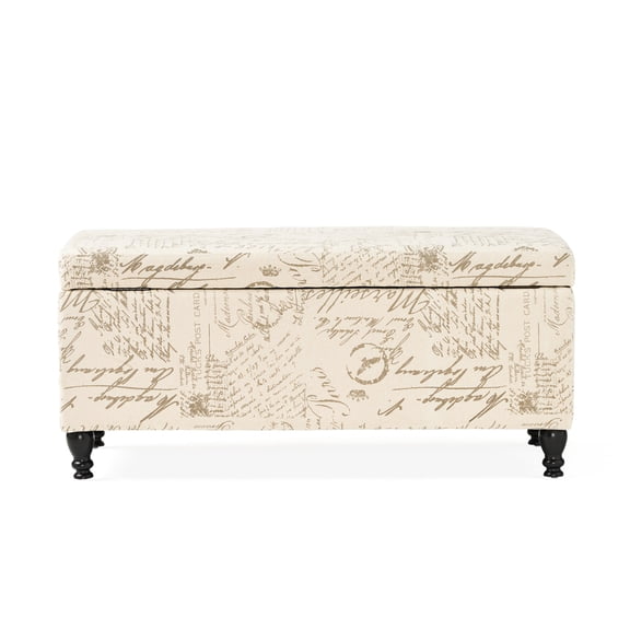 Linen Ottoman with Espresso Finish and Storage / Fits Well in Home Decor