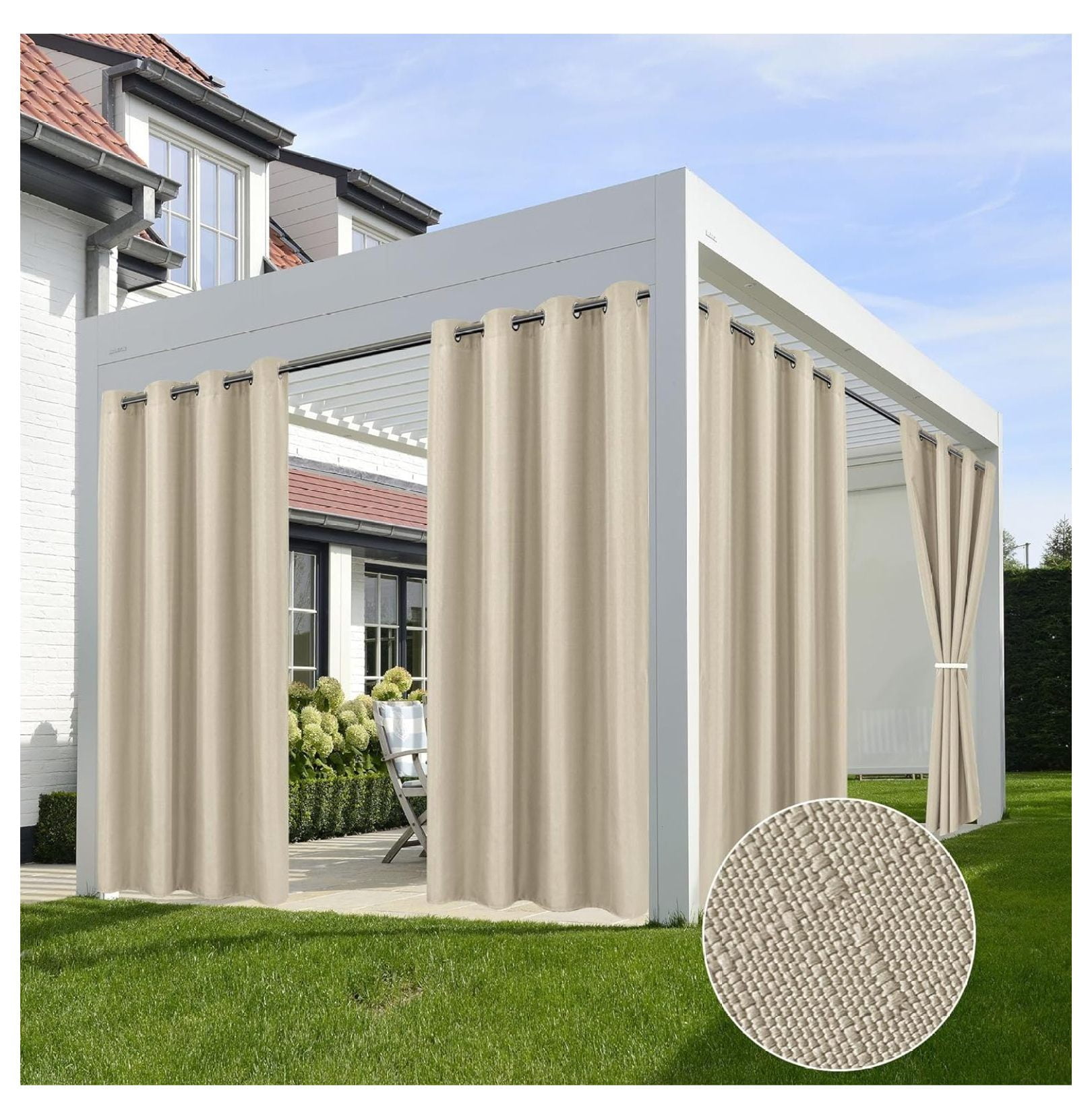Linen Outdoor Curtains for Patio Waterproof4 Panels Cream Outside