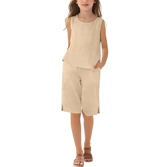 Linen Outfit Girls 2 Piece Outfits Teen Cotton Gauze Palazzo Pants Set Sleeveless Crewneck Tshirts and Wide Leg Pants Outfits Back To School Outfits for Teens Girls