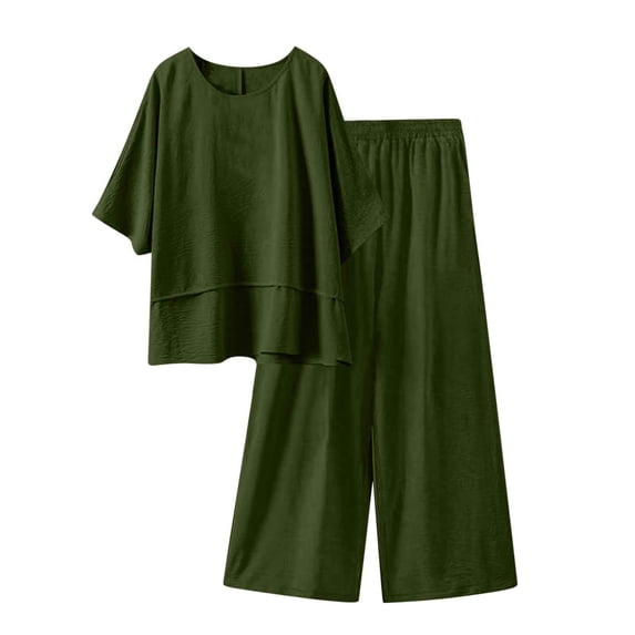 Linen Outfits Women 2 Piece Casual Summer Plus Size 3/4 Sleeve Tops & Wide Leg Pants Matching Sets
