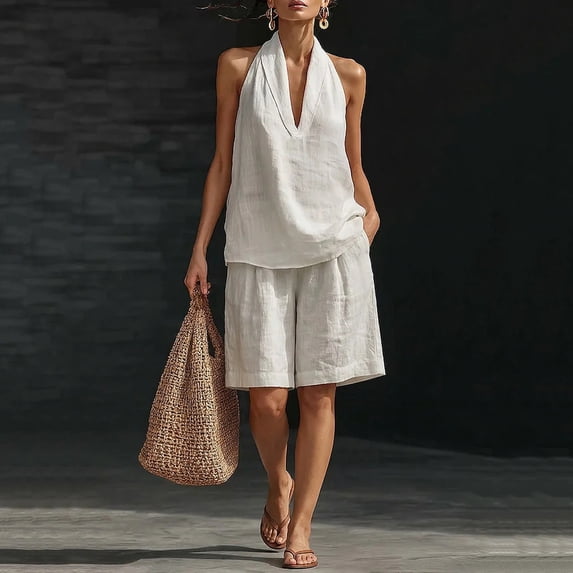Linen Outfits Women 2 Piece Fashion Sleeveless V Neck Halter Top Matching Baggy Wide Leg Short Pants Set Summer Casual Outfits