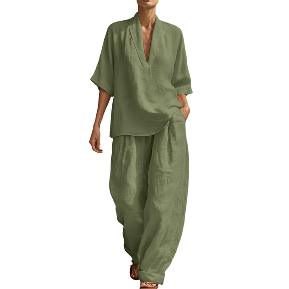 Linen Outfits Womens 2 Piece Lounge Matching Wide Leg Pant Sets V Neck Top Loose Beach Vacation Clothing (2XL, Green)