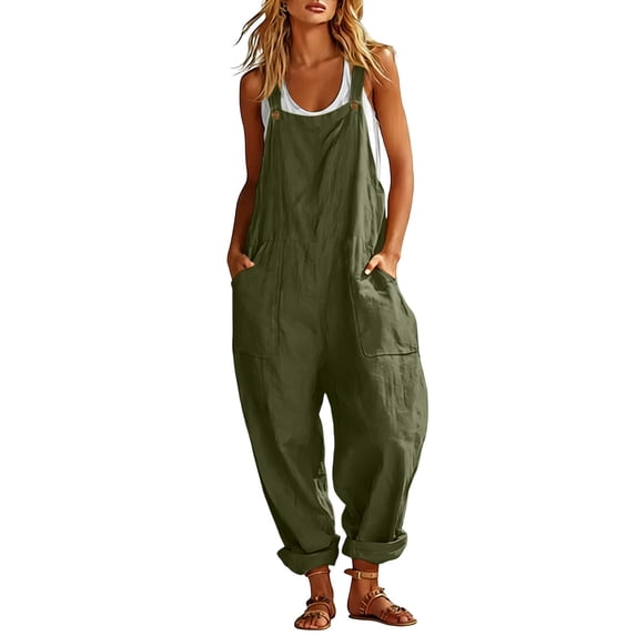 Linen Overalls Jumpsuits Womens Loose Casual Sleeveless Wide Leg Romper Button Strap Solid Color Summer Jumpers Army Green, S