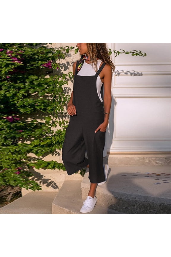 Linen Overalls for Women Plus Size Women's Capris Overalls Cotton Linen Sleeveless Straps Long Jumpsuits with Pockets for Summer Casual Streetwear Black L