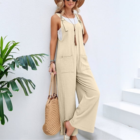 Linen Overalls for Women Loose Fit Summer Casual Boho Wide Leg Jumpsuit Adjustable Straps Sleeveless Cotton Linen Jumpsuits Beige S