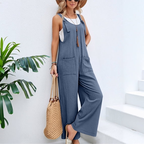 Linen Overalls for Women Loose Fit Summer Casual Boho Wide Leg Jumpsuit Adjustable Straps Sleeveless Cotton Linen Jumpsuits Blue 3XL