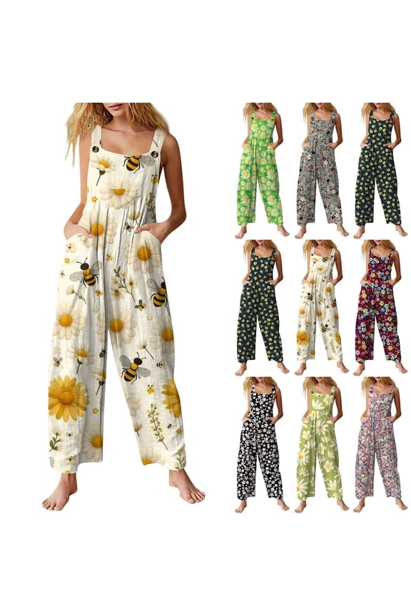 Linen Overalls for Women Plus Size Fit Casual Floral Printed Linen Jumpsuits High Waist Wide Adjustable Bib Overall Gray 3XL