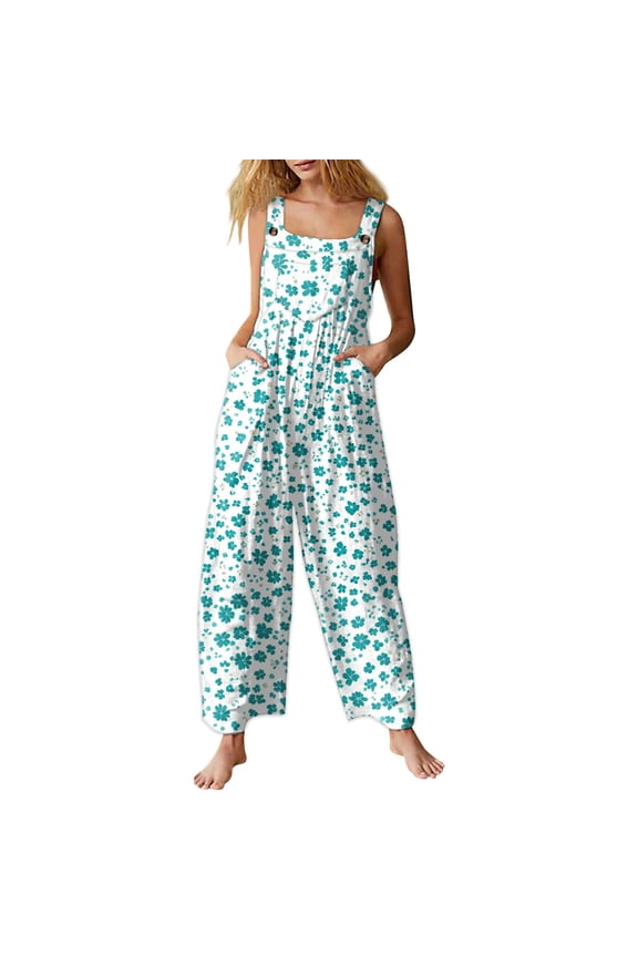 Linen Overalls for Women Plus Size Fit Casual Floral Printed Linen Jumpsuits High Waist Wide Adjustable Bib Overall Green 2XL