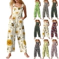 thumbnail image 1 of Linen Overalls for Women Plus Size Fit Casual Floral Printed Linen Jumpsuits High Waist Wide Adjustable Bib Overall Green 3XL, 1 of 6
