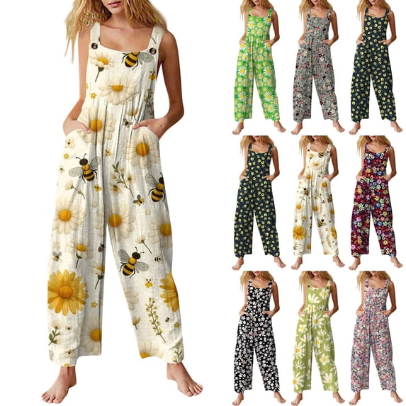 Linen Overalls for Women Plus Size Fit Casual Floral Printed Linen Jumpsuits High Waist Wide Adjustable Bib Overall Green 3XL