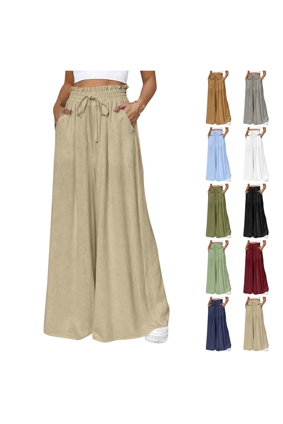 Linen Palazzo Pants for Women Casual Paper Bag Flowy Wide Leg Pants Tie Front Elastic High Waisted Palazzo Pants Trousers Summer Loose Linen Plazo Pant Army Green L