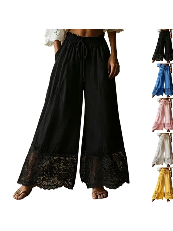 Linen Palazzo Pants Women Smocked Ruffle Waist Drawstring Wide Leg Eyelet Lace Trim Resort Bottoms Breathable Boho Vacation Wear Black L