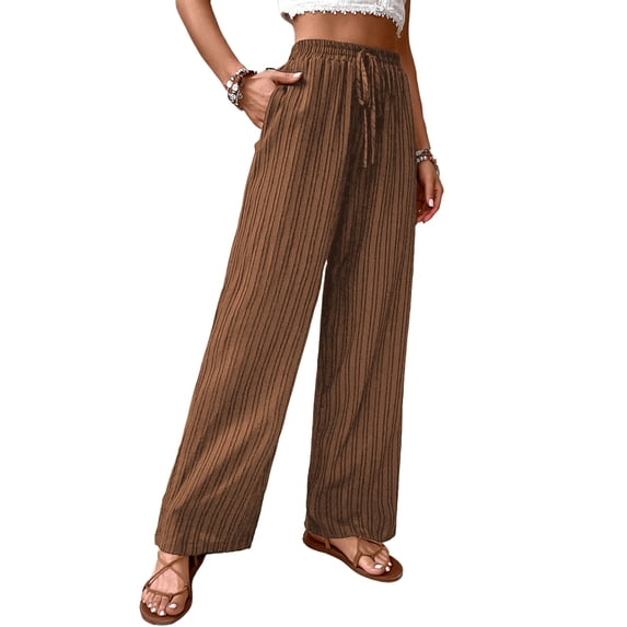 Linen Palazzo Pants for Women Dressy Summer Wide Leg Flowy Pants Boho Linen Beach Trousers with Pockets Coffee Brown L