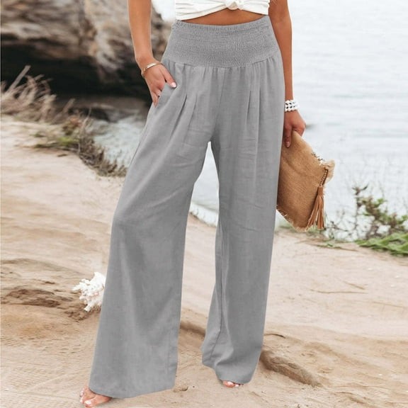 Linen Palazzo Pants for Women High Waist Summer Wide Leg Pants Lightweight Flowy Drawstring Smocked Lounge Trousers