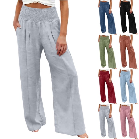 Linen Palazzo Pants for Women High Waist Tummy Control Wide Leg Pant Summer Flowy Loose Pull On Lounge Trousers 2026, L