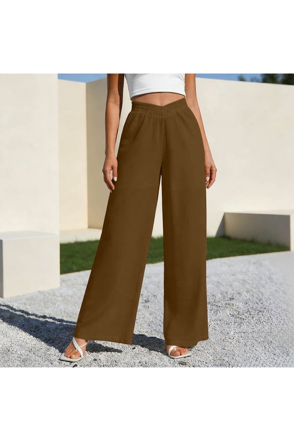 Linen Palazzo Pants for Women High Waisted V-Cross Trousers Loose Fit Wide Leg Slacks Soft Flowy Long Trousers Business Casual Wear