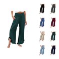 thumbnail image 1 of Linen Palazzo Pants for Women Spring Summer Smocked High Waist Wide Leg Asymmetric Ruffle Hem Flowy Beach Pants with Pockets, 1 of 6
