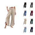 thumbnail image 1 of Linen Palazzo Pants for Women Spring Summer Smocked High Waist Wide Leg Asymmetric Ruffle Hem Flowy Beach Pants with Pockets, 1 of 6