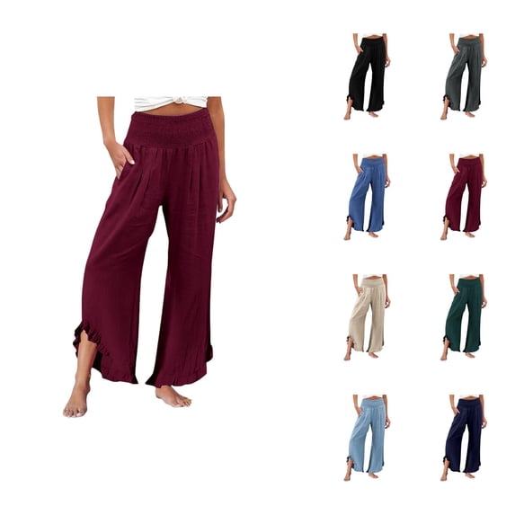 Linen Palazzo Pants for Women Spring Summer Smocked High Waist Wide Leg Asymmetric Ruffle Hem Flowy Beach Pants with Pockets