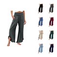 thumbnail image 1 of Linen Palazzo Pants for Women Spring Summer Smocked High Waist Wide Leg Asymmetric Ruffle Hem Flowy Beach Pants with Pockets, 1 of 6