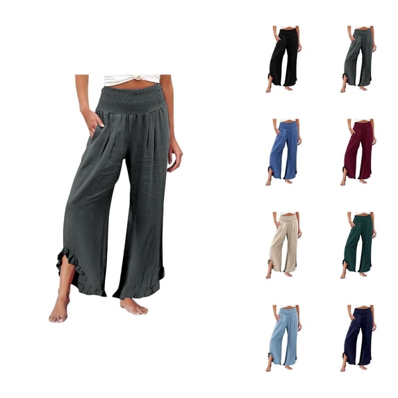 Linen Palazzo Pants for Women Spring Summer Smocked High Waist Wide Leg Asymmetric Ruffle Hem Flowy Beach Pants with Pockets