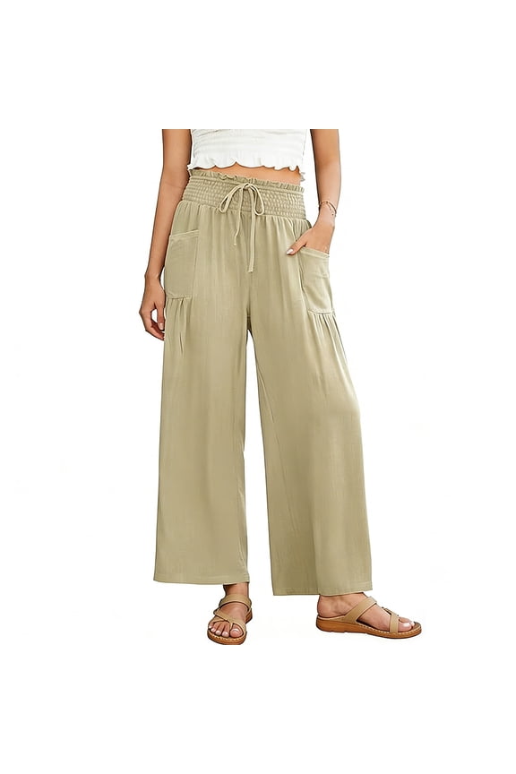 Linen Palazzo Pants for Women Wide Leg Smocked High Waist Casual Loung Trousers Beach Travel Vacation Drawstring Harem Pants with Pockets Khaki M