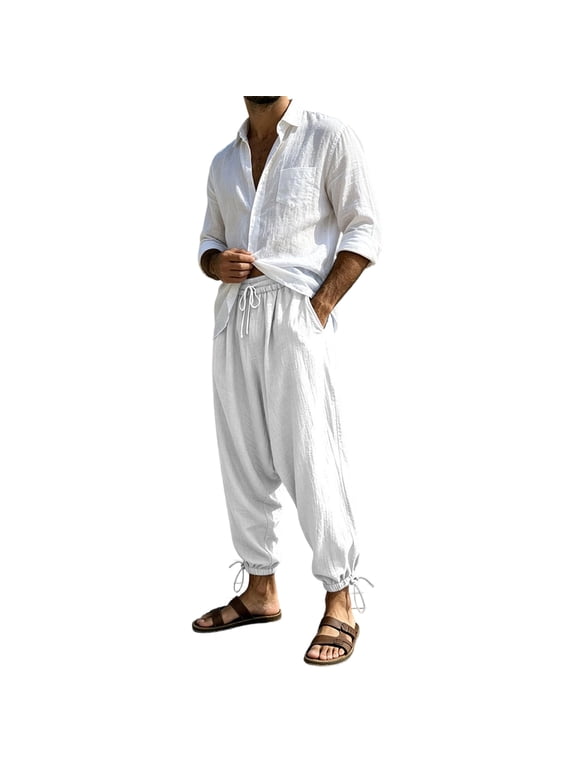 Linen Pants For Men Relaxed Harem Trousers With Drawstring Waist Cuffed Ankles For Summer Casual Vacation Weekend Wear