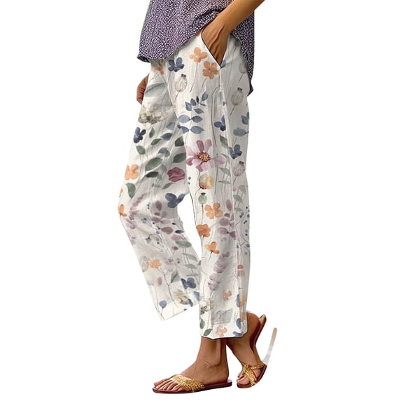 Linen Pants For Women, Botanical Floral Patchwork Pants, Loose Pocket Design Casual Fashion Daily Bottoms