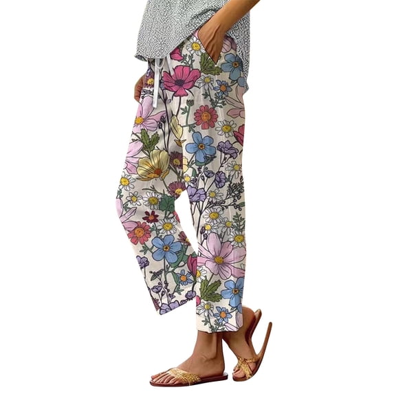 Linen Pants For Women, Botanical Floral Patchwork Pants, Loose Pocket Design Casual Fashion Daily Bottoms