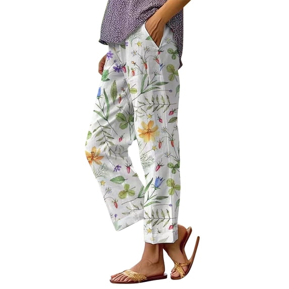Linen Pants For Women, Botanical Floral Patchwork Pants, Loose Pocket Design Casual Fashion Daily Bottoms