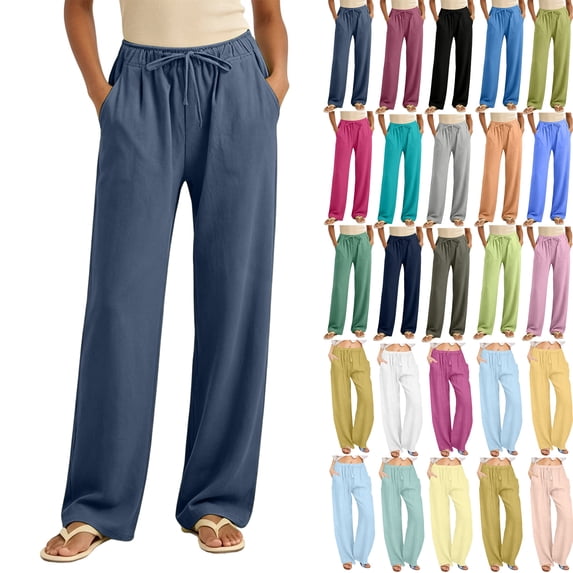 Linen Pants For Women Cotton And Linen Solid Color Drawstring Casual Long Pants With Pocket Waist Summer Flowy Pants